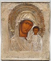Древнерусская икона Богородицы Казанской, дерево, латунный оклад, Россия, 19 в.