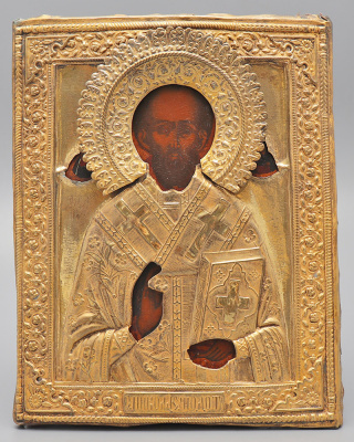 Антикварная икона «Николай Чудотворец с ликами Христа и Богородицы» в латунном окладе, Россия, нач. 20 в.