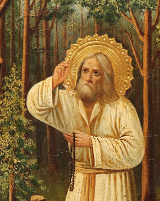 Старинная живописная икона Преподобного Серафима Саровского, дерево, Россия, кон. 19 в.
