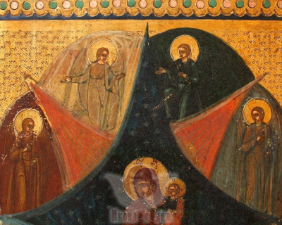 Деревянная икона Божией Матери «Неопалимая Купина» оберегает от пожара, Россия, Холуй, нач. 20 в.