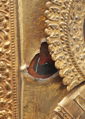 Антикварная икона «Николай Чудотворец с ликами Христа и Богородицы» в латунном окладе, Россия, нач. 20 в.