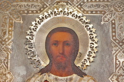 Старинная икона в окладе «Господь Вседержитель», дерево, белый металл., Москва, 1883 г.