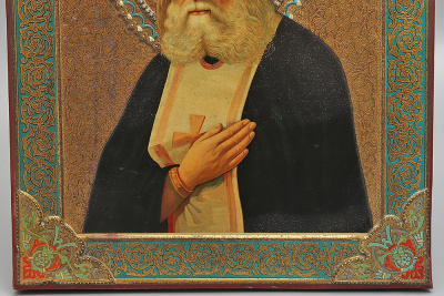 Старинная икона Преподобного Серафима Саровского, накатка на жести, Россия, кон. 19, нач. 20 вв.