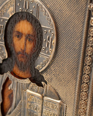 Старинная икона в серебряном окладе «Спас Вседержитель», неизвестный мастер С. Г., Москва
