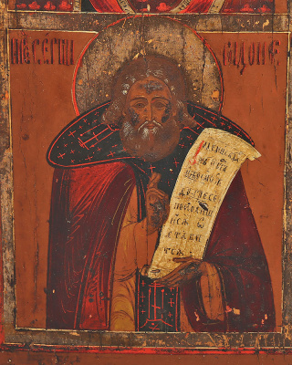 Антикварная икона с ликами Богородицы «О, Всепетая Мати», апостола Иоанна Богослова в молчании, преподобного Сергия Радонежского и мучеников Кирик и Иулита», Гуслицы, посл. четв. 19 в.
