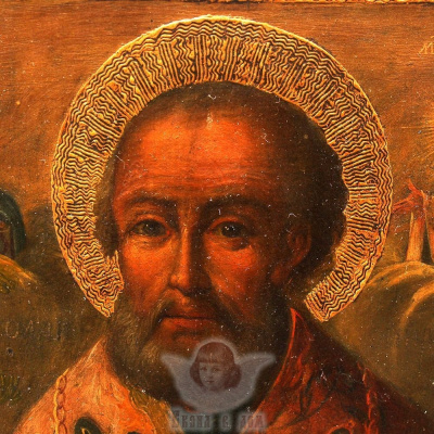 Старинная древнерусская икона «Святой Николай Чудотворец», надпись на иконе «Николай Мирликийский Чудотворец», Южная Россия, н. 19 в.