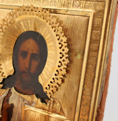 Старинная икона в позолоченном латунном окладе «Спас Вседержитель», Москва
