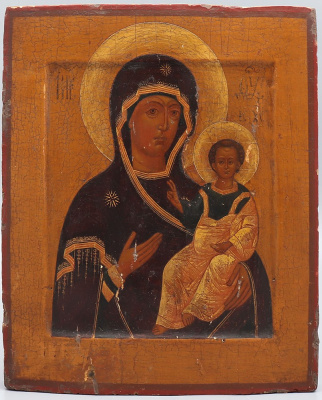 Старинная деревянная икона «Богоматерь Одигитрия (Смоленская)», Центральная Россия, посл. четв. 19 в.