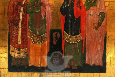 Старинная древнерусская икона «Святые Гурий, Самон, Авив и Пантелеймон», Центральное Поволжье, 2 пол. 19 в.