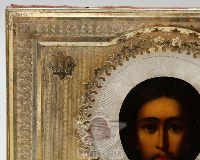 Антикварная древнерусская икона в серебряном окладе Спас Вседержитель, Москва, н. 20 в.