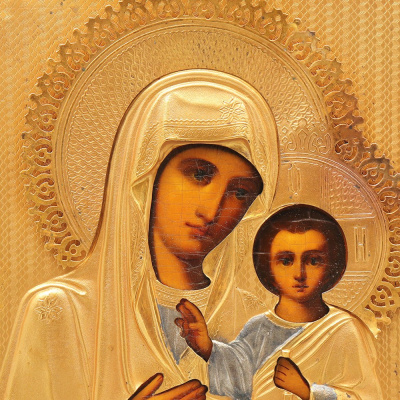 Древнерусская икона «Богородица Смоленская», дерево, латунный оклад, новый киот, Центральная Россия, кон. 19, нач. 20 вв.