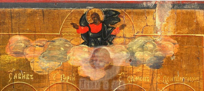 Старинная древнерусская икона «Святые Гурий, Самон, Авив и Пантелеймон», Центральное Поволжье, 2 пол. 19 в.