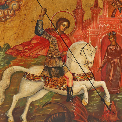 Древнерусская живописная икона «Святой Георгий Победоносец», дерево, масло, Россия, 19 в.