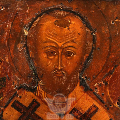 Старинная живописная икона «Святой Николай Чудотворец», Поволжье, начало 19 века