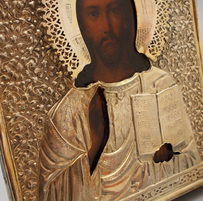 Старинная икона Спаса Вседержителя в серебряном окладе, мастер Векман А. В., Москва, 1880 г.