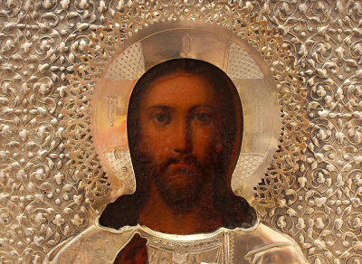 Старинная икона Спаса Вседержителя в серебряном окладе, мастер Векман А. В., Москва, 1880 г.
