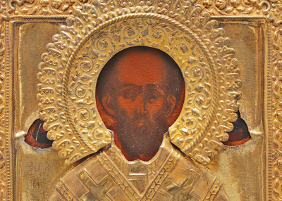 Антикварная икона «Николай Чудотворец с ликами Христа и Богородицы» в латунном окладе, Россия, нач. 20 в.