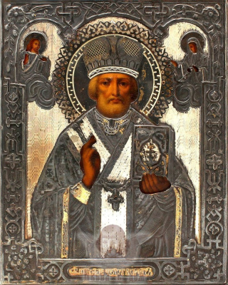 Старинная древнерусская икона «Святой Николай Чудотворец», Москва, 1877 г.