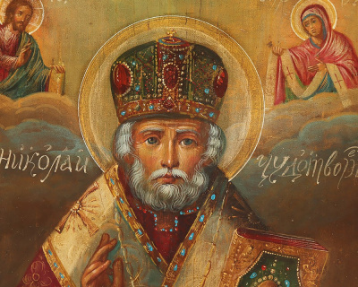 Древнерусская живописная икона Николая Чудотворца (Николая Угодника), дерево, масло, Россия, 19 в.
