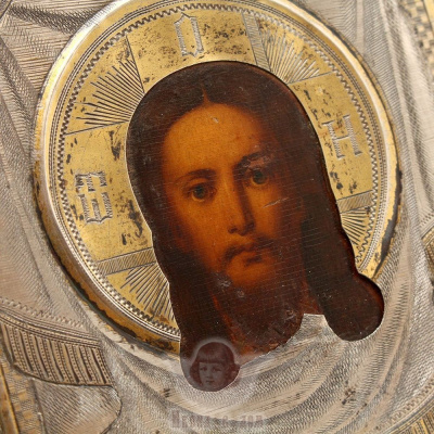 Старинная небольшая икона в серебряном окладе «Спас Нерукотворный», серебро 84 пр., Россия, Москва, 1881 г.