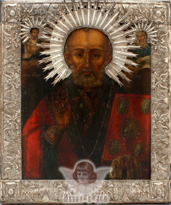 Древнерусская старинная икона «Святой Николай Чудотворец», Центральная Россия, к. 18 в., оклад 19 в.