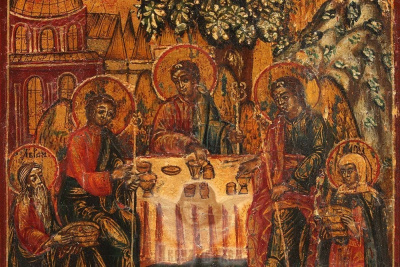 Старинная деревянная икона на золоте «Троица Ветхозаветная», Россия, Урал, 19 в.