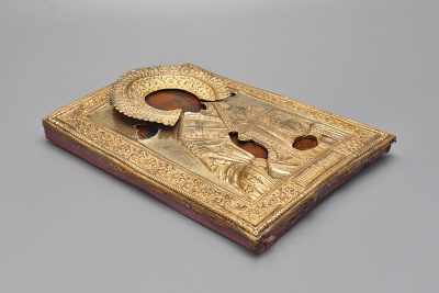 Антикварная икона «Николай Чудотворец с ликами Христа и Богородицы» в латунном окладе, Россия, нач. 20 в.