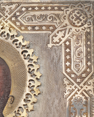 Старинная икона в окладе «Господь Вседержитель», дерево, белый металл., Москва, 1883 г.