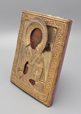 Антикварная икона «Николай Чудотворец с ликами Христа и Богородицы» в латунном окладе, Россия, нач. 20 в.