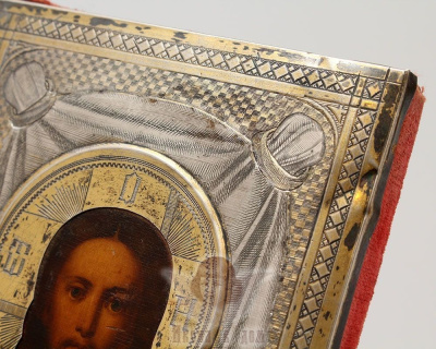 Старинная небольшая икона в серебряном окладе «Спас Нерукотворный», серебро 84 пр., Россия, Москва, 1881 г.